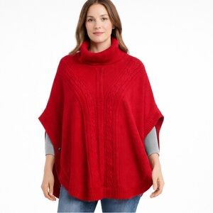 Talbots Sweater Poncho Large Cowl Neck Cable Knit Cotton Blend Red Relaxed Fit